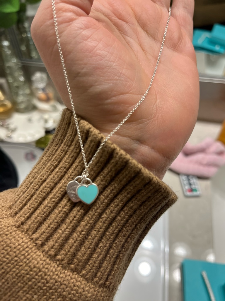 Tiffany & Co. Silver Necklace Turquoise With Double Heart Enamel Pendant
